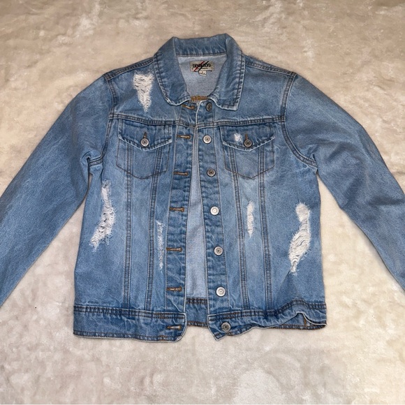Denim Blvd Los Angeles Distressed “H” Graphic Jean Jacket Size Small - Picture 3 of 9